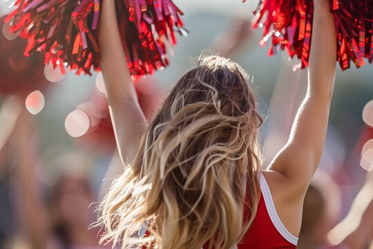 A detailed view of a Pom-pom girl, exuding energy and passion as she performs her routine