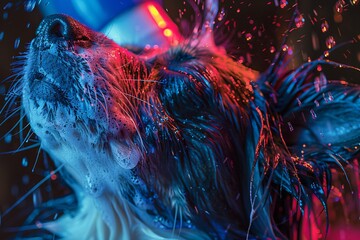 Fototapeta premium A detailed close-up of a dog during a shampooing session, with vibrant colors and soft illumination adding vibrancy to the grooming process