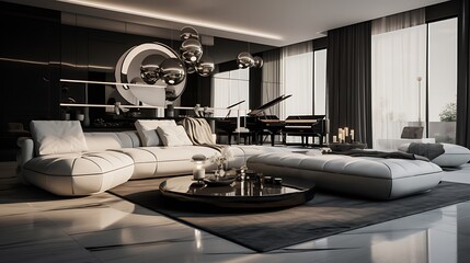 Devise an ultra-modern living room with monochromatic tones and avant-garde furniture