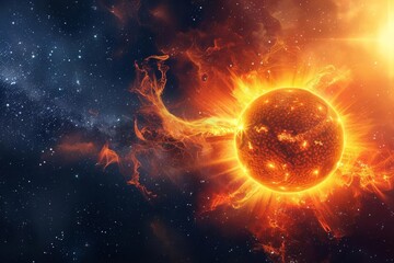 Fototapeta premium bright sun with powerful solar flares and coronal mass ejections against dark starry sky abstract photo