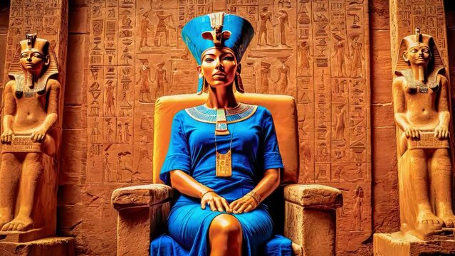 The beautiful Egyptian goddess-pharaoh Hatshepsut sits on a golden throne in the Dendera temple