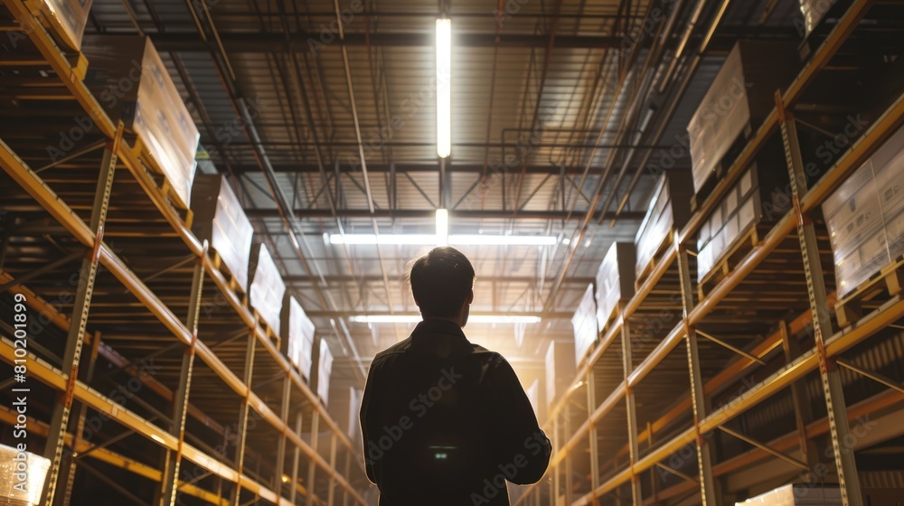 Poster professional warehouse worker checking and inspecting product quality at storage. engineer working a