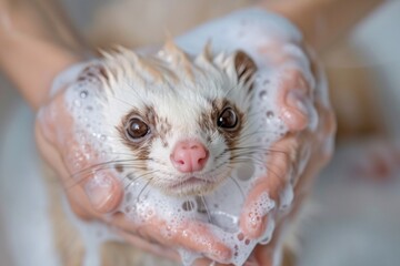 A close-up perspective of a ferret getting a shampoo treatment, with soft tones and diffused lighting creating a tranquil ambiance