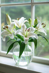 White lily flower in a glass vase. Classical still life.