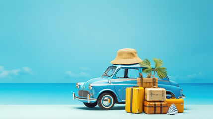 Blue retro car with luggage and summer accessories on blue background with copy space