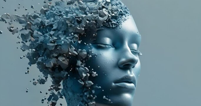 Person, face and 3d head particles for mental health or digital blue background, shattered or cracked. Pieces, abstract and emotions or damaged thinking or neuroscience with shapes, brain or fracture