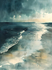 An art piece depicting a beach with crashing waves under a cloudy sky