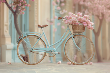 Pastel blue bicycle with a wicker basket filled with pastel pink flowers, set against a pale yellow backdrop, symbolizing leisure and exploration. Generative Ai.
