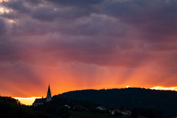 Spirituell vision . St. Bartholomä in the sunset . Styria . Austria . Europe