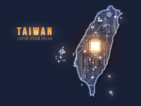 Taiwan map silhouette with microchip illustration. Vector illustration. Geopolitical concept set.