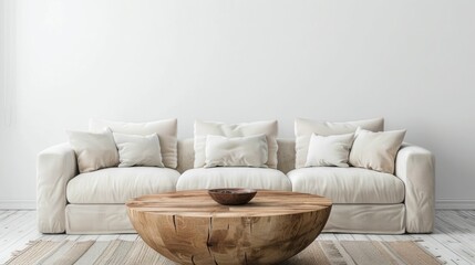 Round wood coffee table against white sofa. Scandinavian home interior design of modern living room. realistic