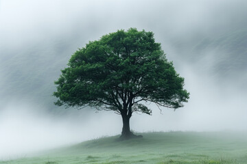 Lonely tree in a foggy meadow in the mountains