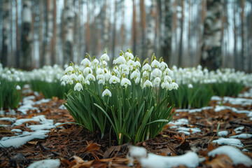 Snowdrop flowers blooming in the forest. Early spring landscape.
