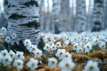 White daffodils in a birch forest in early spring