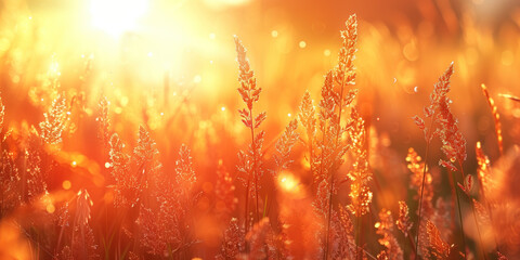 Sunset or sunrise in the meadow with grass and dew