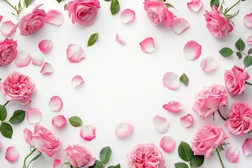 decorative floral frame with blooming pink roses and petals on a white background flat lay top view composition digital illustration