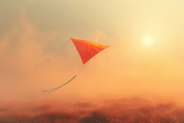 Soft pastel orange kite with pastel blue tails flying in a pastel yellow sky, symbolizing freedom and childhood joy. Generative Ai.