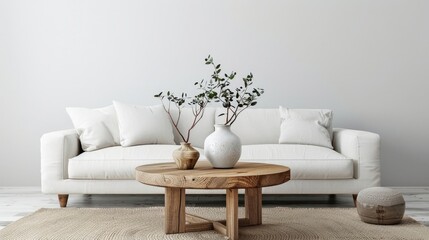 Round wood coffee table against white sofa. Scandinavian home interior design of modern living room. realistic