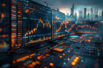 Obraz premium Computer screens displaying real-time stock quotes and market indices, reflecting the interconnectedness of global markets. Generative Ai.