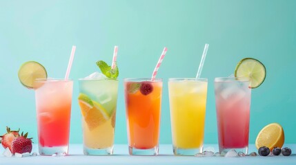 Fototapeta premium A row of six tall glasses filled with different colored drinks