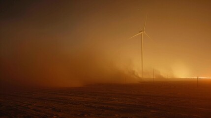 Obraz premium Powering Through the Storm: Wind Turbine Stands Strong, Generating Clean Energy During Sandstorm