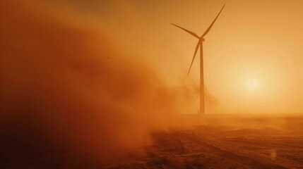 Fototapeta premium Powering Through the Storm: Wind Turbine Stands Strong, Generating Clean Energy During Sandstorm