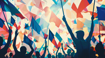 Many people with flags of France on colorful background - Powered by Adobe