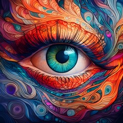  A vibrant and colorful artistic representation of an eye. The eye is the central focus