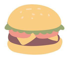 Burger or cheeseburger in flat design. American tasty unhealthy fast food. Vector illustration isolated.