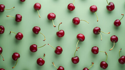 Many sweet cherries on green background