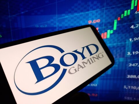 Konskie, Poland - May 05, 2024: Boyd Gaming company logo displayed on mobile phone