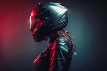 female motorcycle rider in sleek safety helmet ready for thrilling competition dramatic studio lighting