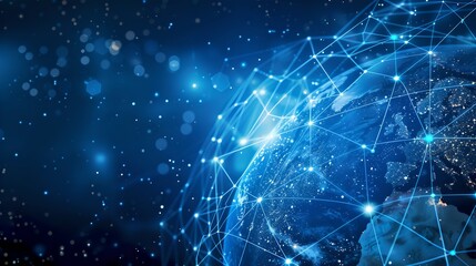 Obraz premium Digital Globe Network, Global Communication Concept Art. Blue-Toned Connectivity Background, Digitalization and Technology Theme. AI
