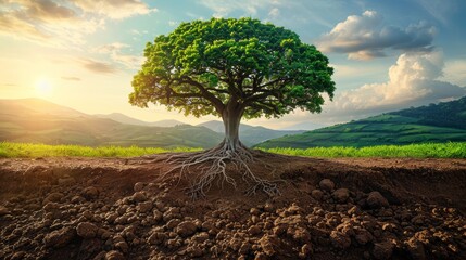 Majestic tree with exposed roots at sunset