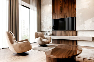 Modern bright living room with brown furniture and TV