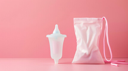 Menstrual cup with bag on pink background