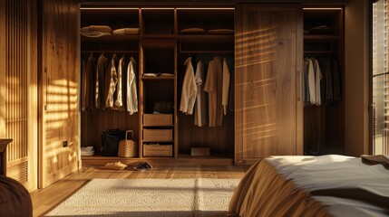 Serene room with an open closet door, presented in a cinematic style that emphasizes the spacious and restful environment in high resolution