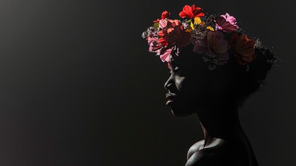 Silhouette of a black woman wearing a floral hat, set against a deep black gradient background, providing ample copy space for text