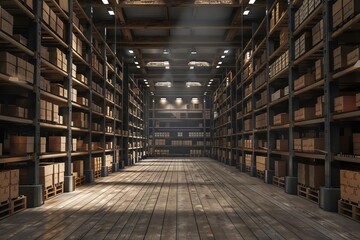 large warehouse interior filled with shelves of cardboard boxes commercial logistics and distribution center 3d illustration