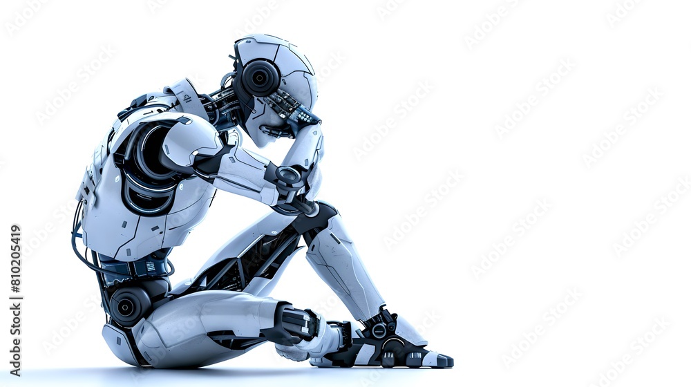 Poster futuristic robot in contemplative pose on white background. modern ai conceptualization. perfect for
