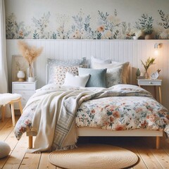 Hintergrund, Wallpaper: Skandinavisches Schlafzimmer im Blumenmuster