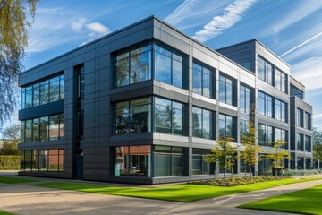 modern office building facade with graphite cladding and large windows contemporary architecture