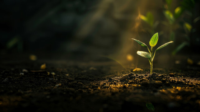 Seedling, grow and plant in forest, sun and mockup in environment, earth and leaves in soil outdoor. Agriculture, dirt and nature for carbon footprint, sustainability and project for food in garden