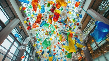 An atrium hosts an installation made from recycled materials, indicating a corporate focus on creativity to reduce waste. Corporate carbon reduction