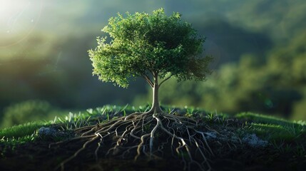 Tree with roots in the form of a carbon molecule, highlighting corporate role in natural carbon sequestration. Corporate carbon reduction