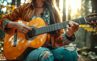 Obraz premium A woman is playing a guitar in a forest. Scene is peaceful and serene, as the woman is surrounded by nature while playing her instrument