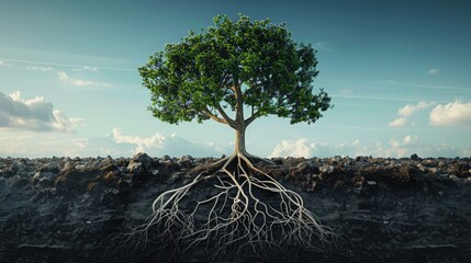 The role of nature in carbon sequestration depicted as a tree with carbon molecule roots, alluding to corporate responsibility. Corporate carbon reduction