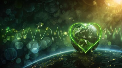 Depiction of Earth with a green heartbeat rhythm, positioned in a corporate context, underlining the lifeline of sustainable practices. Corporate carbon reduction