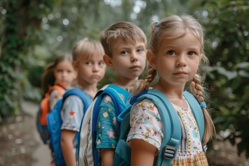 portrait of group of children ready for first day of kindergarten with backpacks back to school...