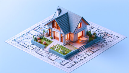 Home construction. Construction scheme. Work plan with dimensions and description. Small house on the construction scheme. Building and Construction Industry Concept. Three-dimensional plan.